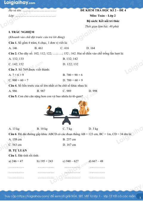 Đề kiểm tra học kì 2 Toán 2 Kết nối tri thức - Đề số 4